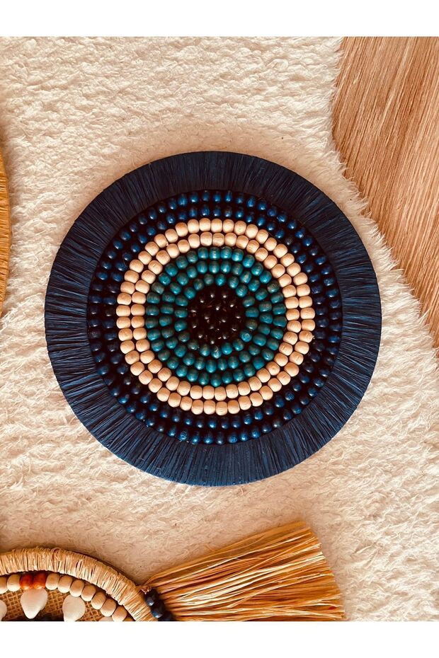 Aylak şeyler nazar temalı üç parçalı bohem set rafya duvar süsü - 3