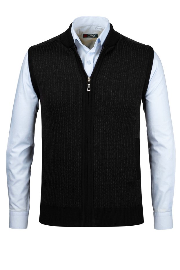 Men's Knitwear Black Vest with Zipper Pockets Steel Knitwear Classic Fit - 5004J