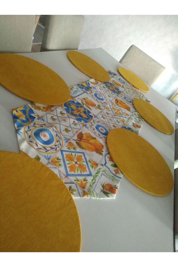 Placemat Set Lemon Patterned Runner 6 Yellow Plates - 3