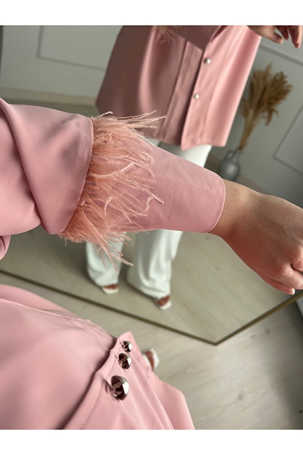 Tül Detay Gömlek-pudra - 5