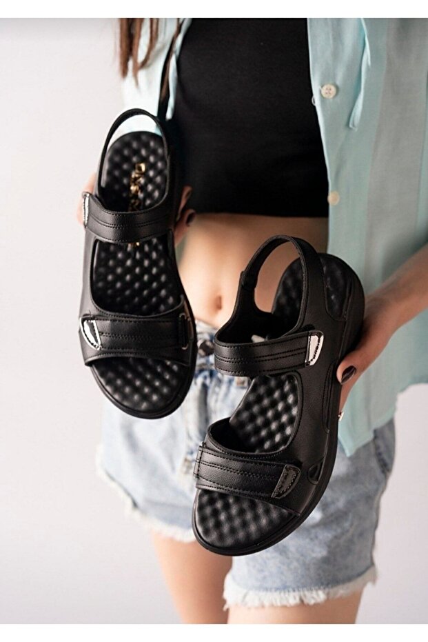 Women's Orthopedic Massage Sole Black Walking Sandals with Velcro