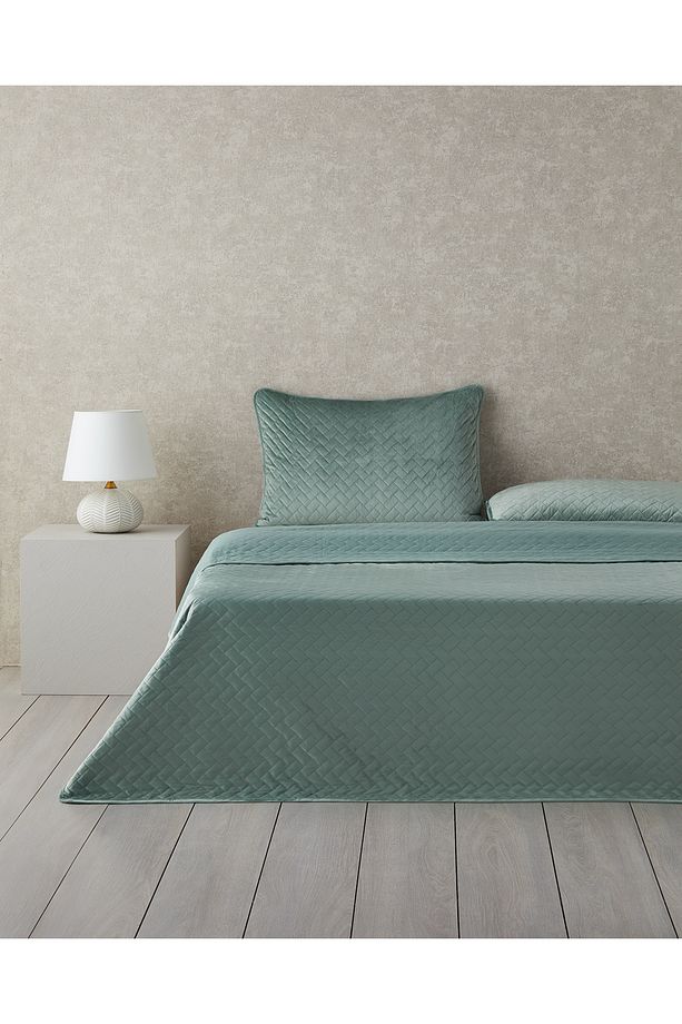 Wicker Kadife Çift Kişilik Yatak Örtüsü Takımı Yeşil - 1