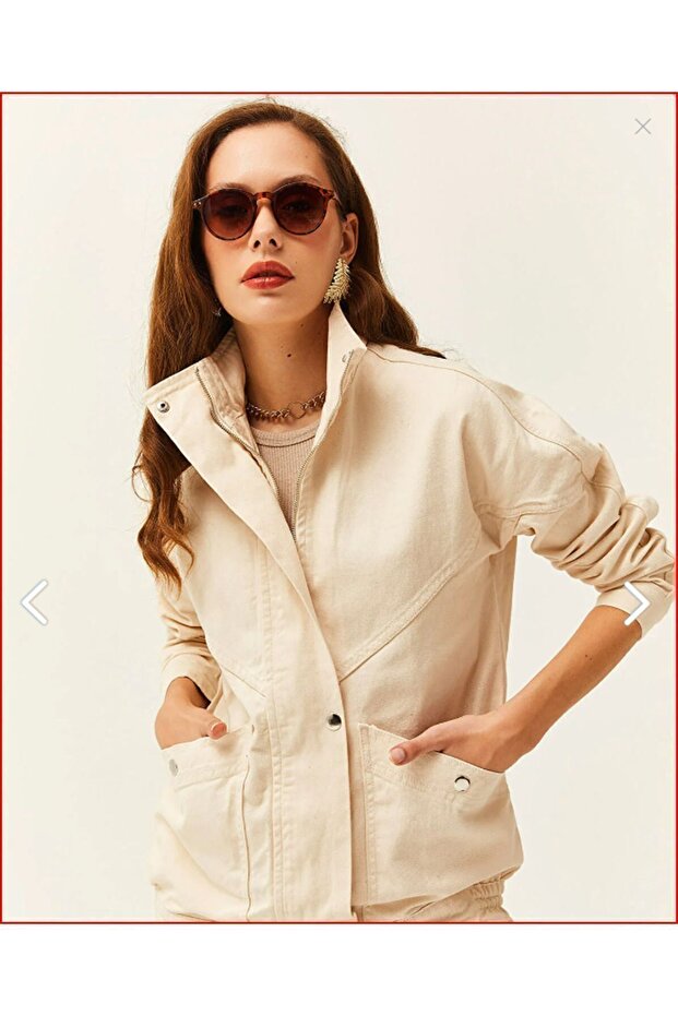 Women's Ecru Pocketed Seasonal Zippered Snap Fastener Long Denim Jacket