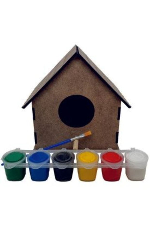 Wooden Bird House - Bird Nest - Paintable Set with 6 Colors of Paint and Brush, Unassembled