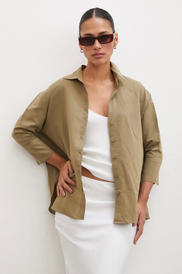 Yırtmaçlı Fakir Kol Gömlek Haki - 2