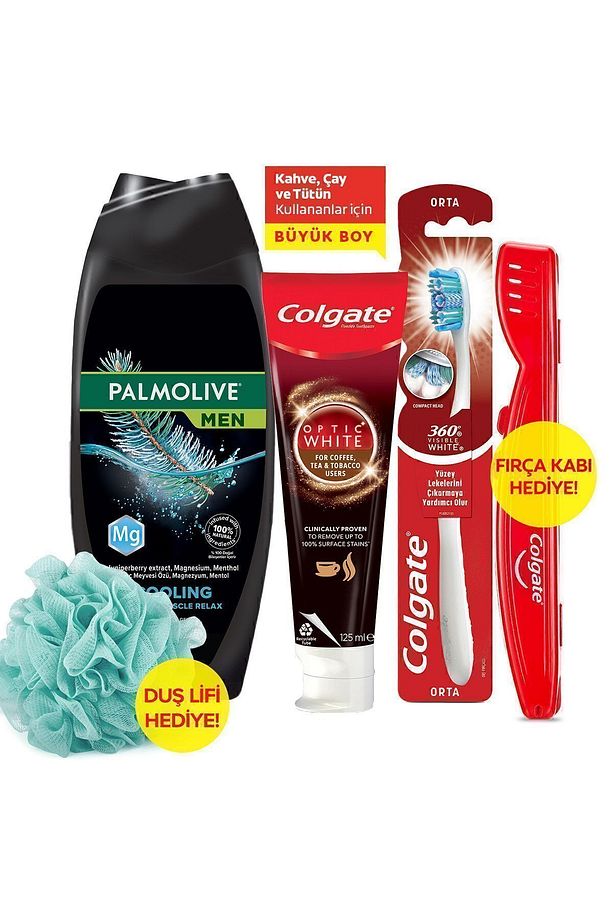 Diş Macunu 125 ml, Orta Diş Fırçası, Palmolive Men Duş Jeli 500 ml + Duş Lifi & Fırça Kabı - 7