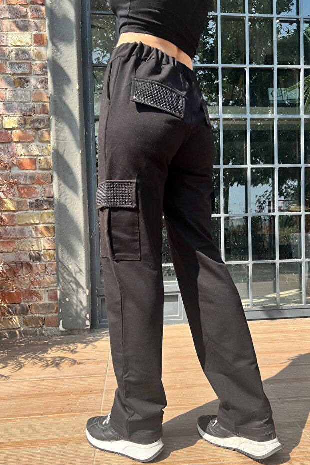 Crystal Rhinestone Relaxed Fit Two Thread Cotton Black Women's Stylish Sweatpants with Cargo Pockets