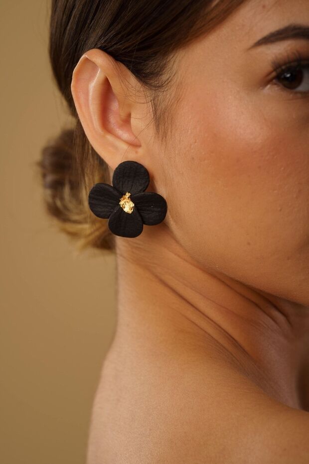 Flower Design Black Violet Polymer Clay Earrings