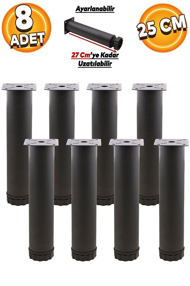 Ayarlanabilir Mobilya Kanepe Baza Koltuk Metal Destek Ayağı 25 Cm Siyah Yükseltici Ayakları (8 ADET) - 1