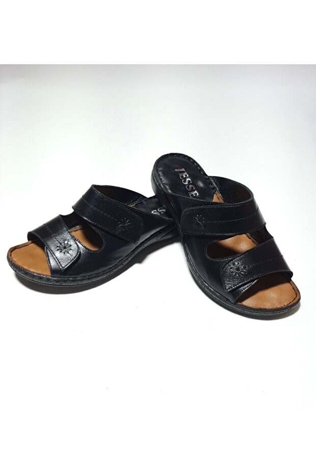 Genuine Leather Massage Sole Black Velcro Women's Slippers 519