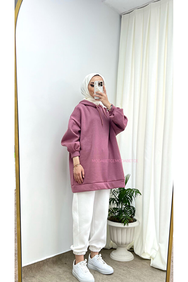 Extra Oversize Basic 3 Iplik Pamuklu Şardonlu Kadın Sweatshirt 1003 - 3