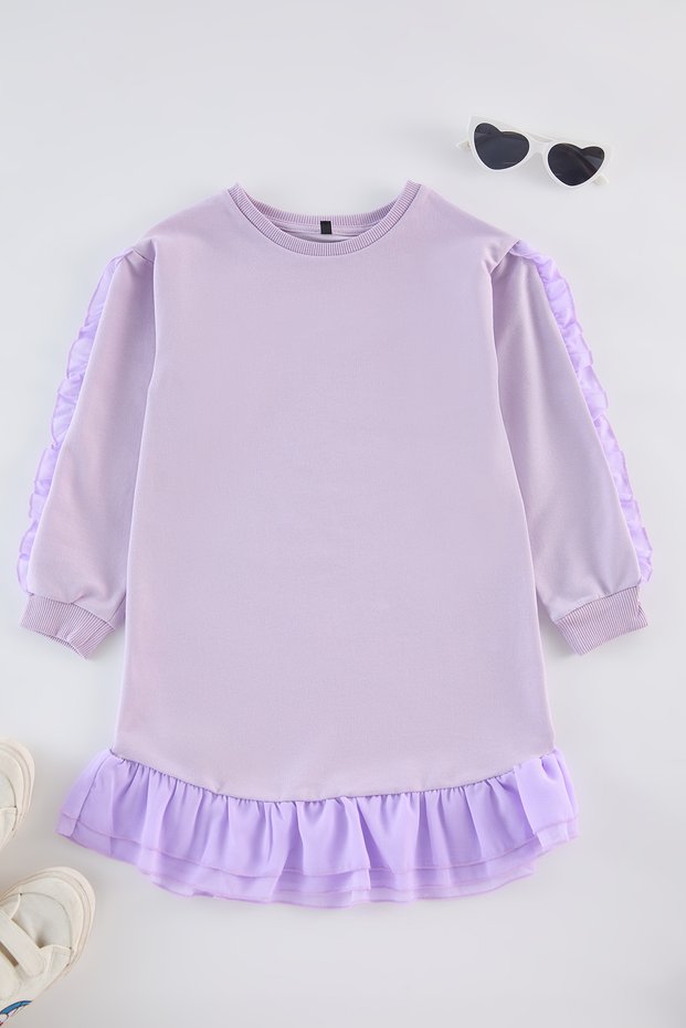 Lilac Cotton Girls Midi Length Straight Knitted Dress Tkdaw25El00021