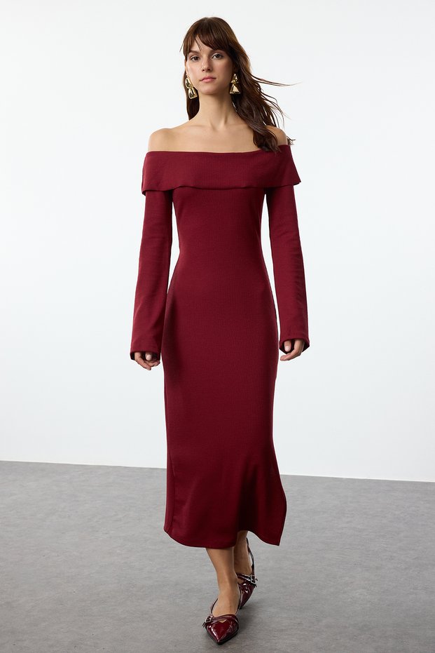 Burgundy Fitted Carmen Collar Soft Textured Midi Stretchy Knitted Pencil Dress Twoaw24El00803