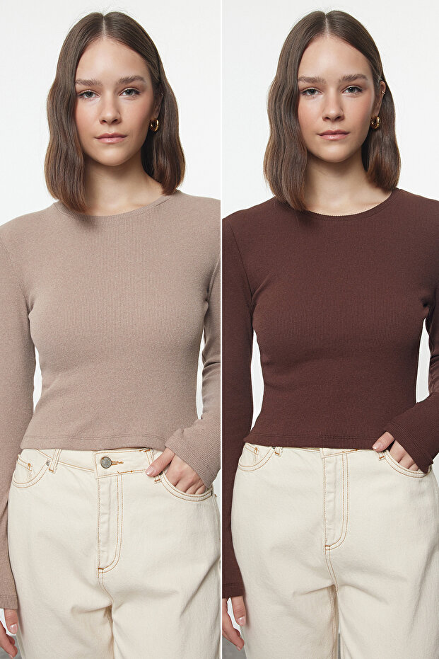 Kahverengi-Bej 2'li Paket Vücuda Oturan Bisiklet Yaka Fitilli Crop Esnek Örme Bluz TWOAW22BZ0331 - 2