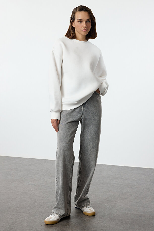 Ecru Oversize Bluza z Okrągłym Dekoltem Z Polaru Gruba - Twoaw24sw00102 - 2