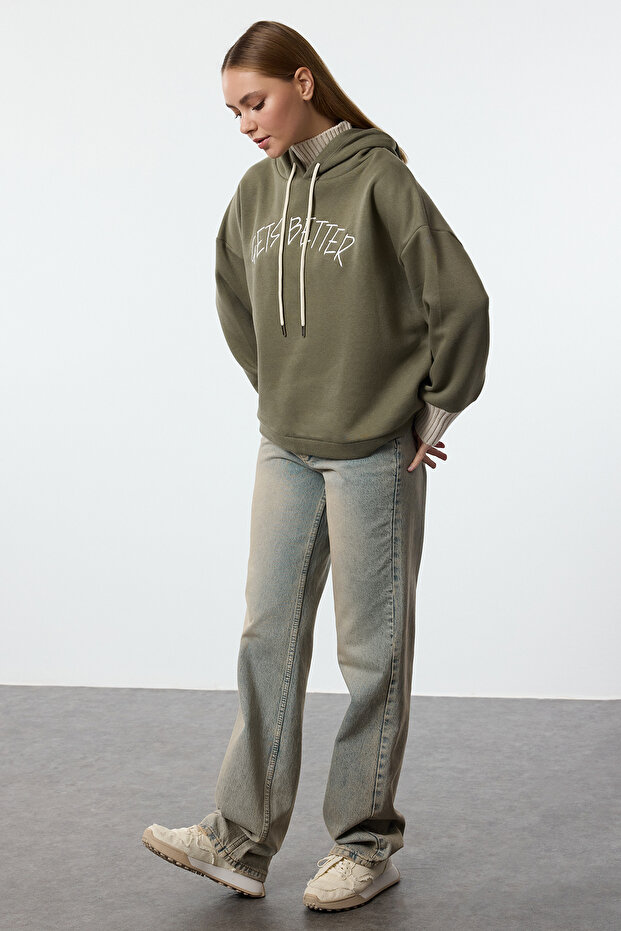 Haki Kalın İçi Polarlı Triko Bant Detaylı Kapüşonlu Örme Sweatshirt TWOAW22SW1806 - 2