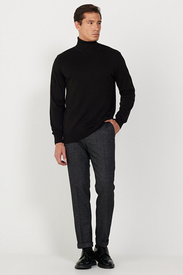 Erkek Siyah Standart Fit Normal Kesim Tam Balıkçı Yaka Pamuklu Triko Kazak - 2