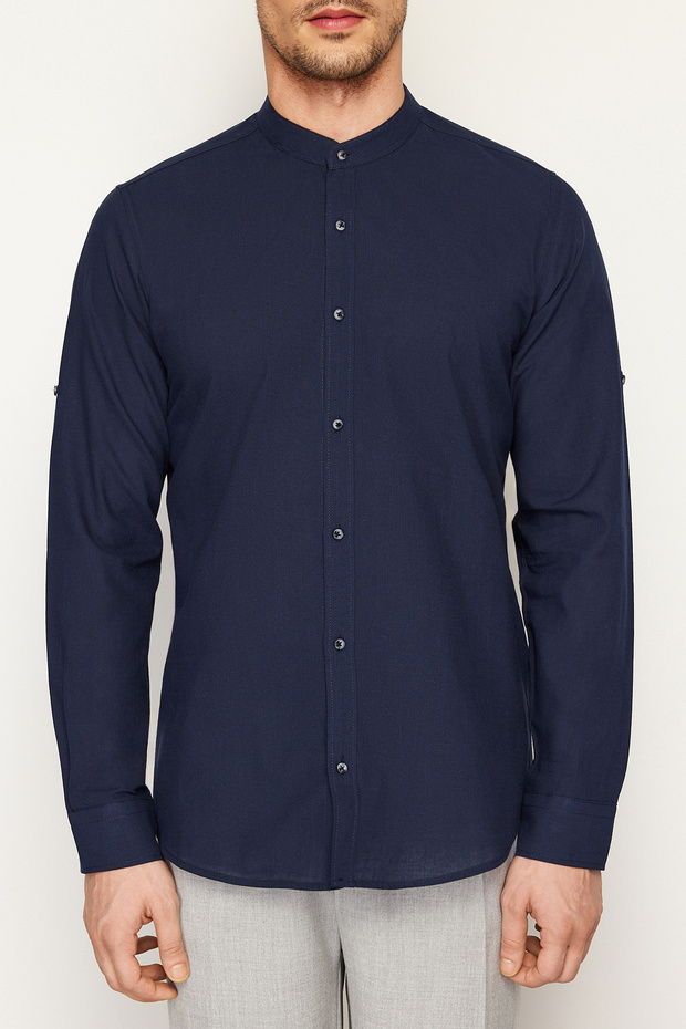 Koyu Lacivert Slim Fit Basic Hakim Yaka Apoletli %100 Pamuklu Gömlek TMNSS20GO0188 - 3