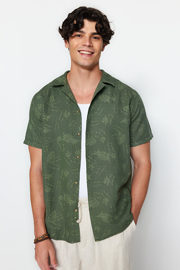 Haki Regular Fit Apaş Yaka Keten Gömlek TMNSS20GO0443 - 1