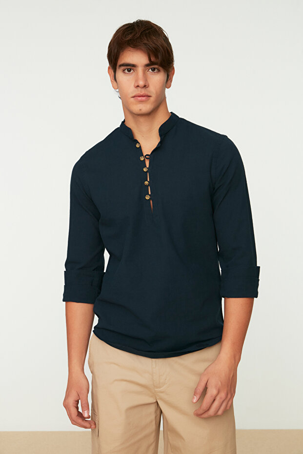 Navy Blue Slim Fit Half Placket Buttoned Judge Collar New 100% Cotton Shirt Tmnss20Go0097