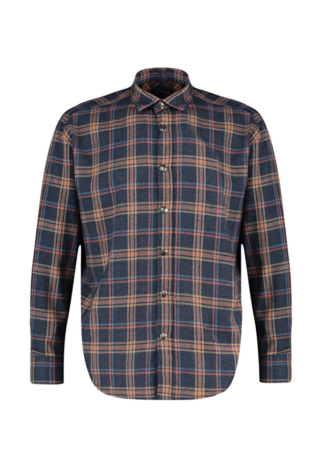 Lacivert Unisex Oversize Çıtçıt Kapamalı Oduncu Ekose Gömlek TMNAW22GO0745 - 7