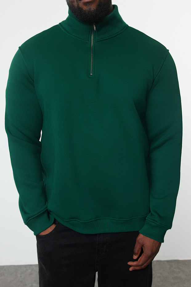Yeşil Büyük Beden Oversize/Normal Kesim Dik Yaka Fermuarlı İçi Polarlı Sweatshirt TMNAW24AO00024 - 3