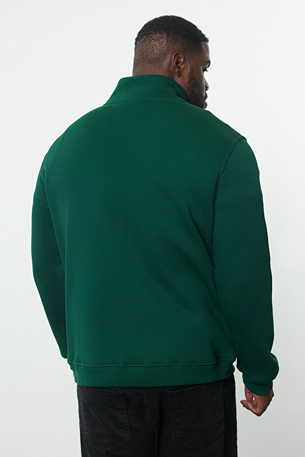 Yeşil Büyük Beden Oversize/Normal Kesim Dik Yaka Fermuarlı İçi Polarlı Sweatshirt TMNAW24AO00024 - 5