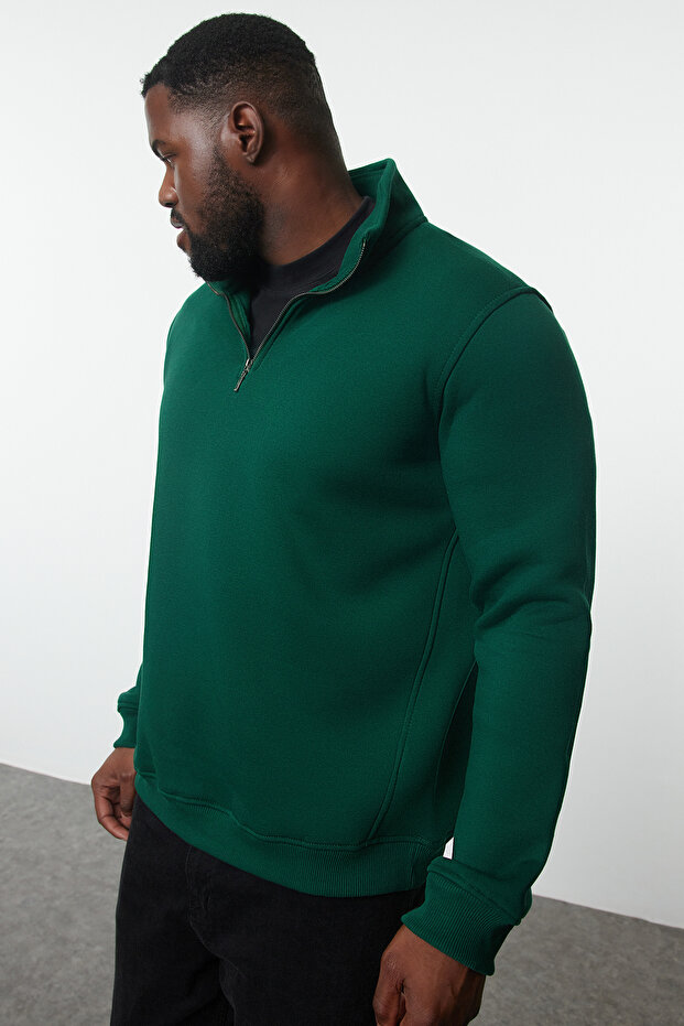 Yeşil Büyük Beden Oversize/Normal Kesim Dik Yaka Fermuarlı İçi Polarlı Sweatshirt TMNAW24AO00024 - 2