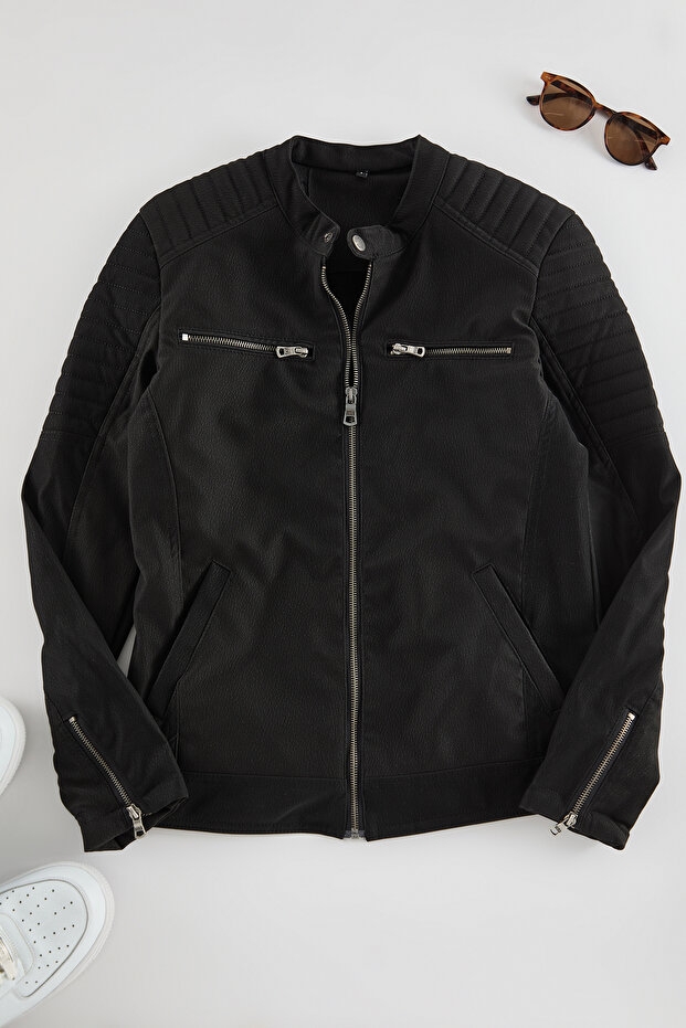 Siyah Slim Fit Fermuar Detaylı Deri Kışlık Rüzgara ve Suya Dayanıklı Biker Ceket Mont TMNAW25MO00046 - 7