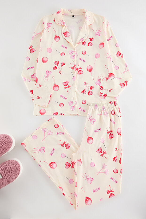 Ekru %100 Pamuklu Kalpli Örme Pijama Takımı THMAW25PT00141 - 2