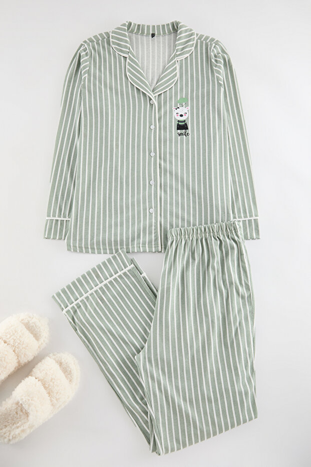 Mint Çizgili Gömlek Yaka Biyeli Örme Pijama Takımı TBBAW25AI00052 - 3