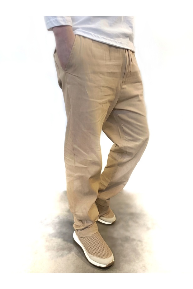 بنطلون برباط مطاطي بلون الجمل - 1