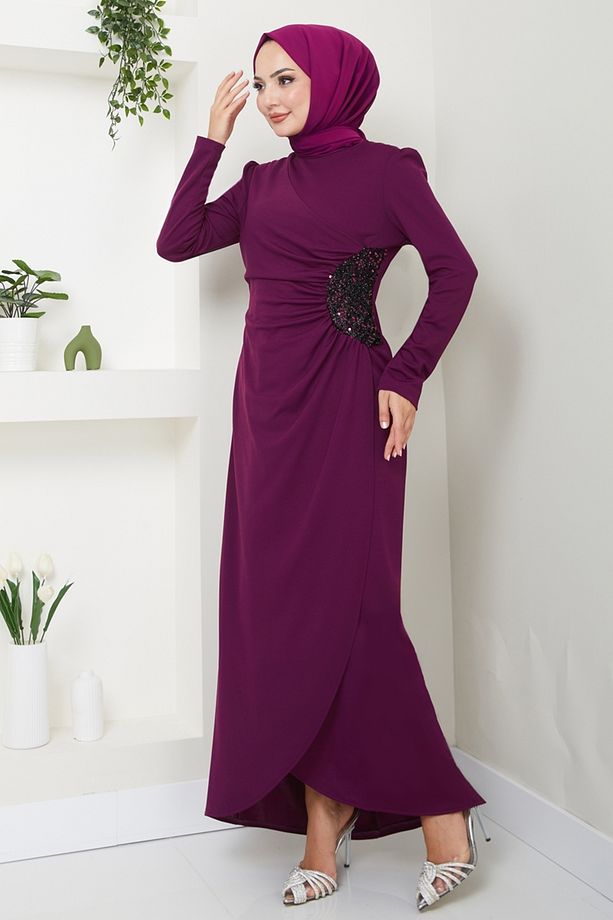 Drape Detaylı Elbise ASM2743 Mürdüm - 2