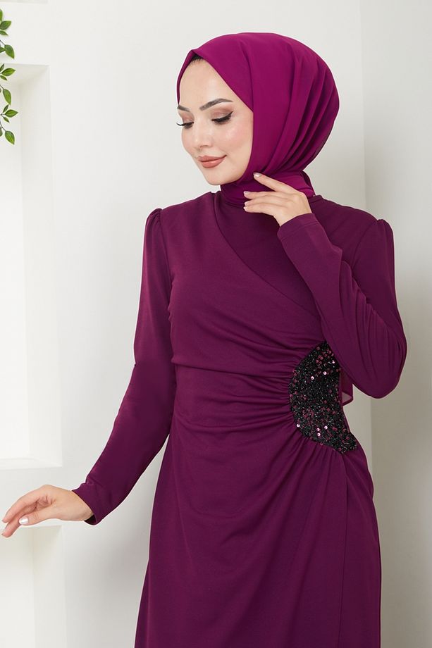 Drape Detaylı Elbise ASM2743 Mürdüm - 3