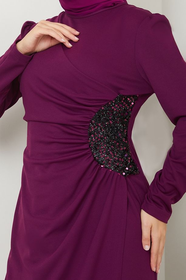 Drape Detaylı Elbise ASM2743 Mürdüm - 4