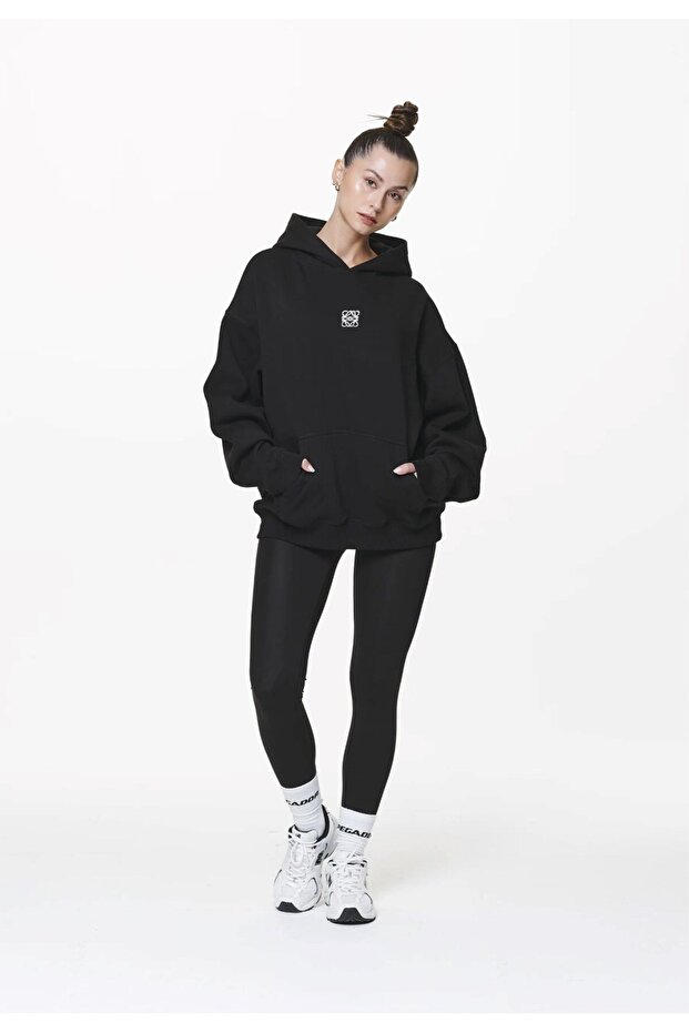 Women's Oversize Sweatshirt Hoodie with Inside Print Black – Hooded, Kangaroo Pocket, 3 Threaded Straps