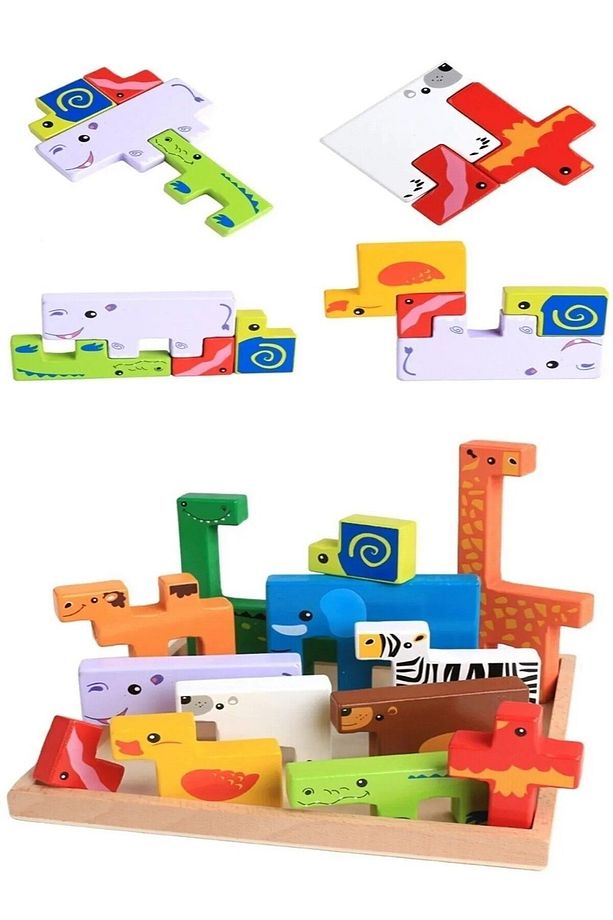 Ahşap Hayvanlar Animals Puzzle Yapboz Bultak Tetris Eğitici Oyuncak - 4