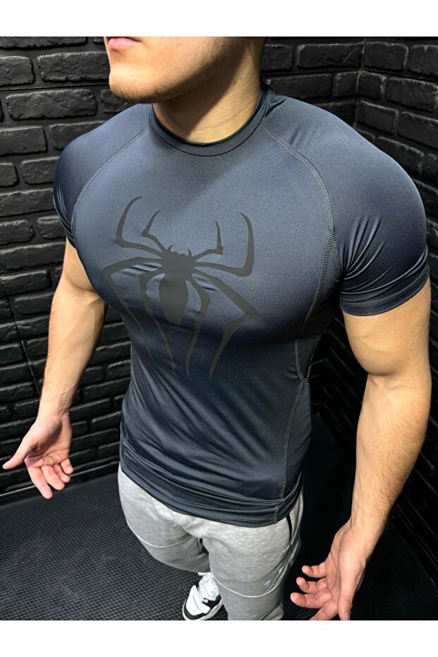 Smoked Spiderman Printed Compression T-Shirt - Short Sleeve, Body Sticking Sports T-Shirt
