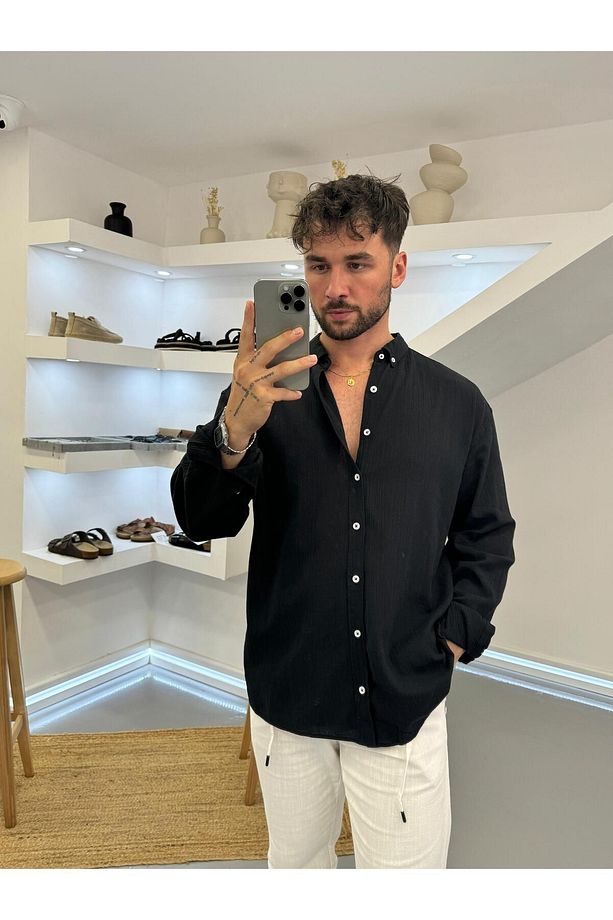 Siyah Oversize Krinkıl Keten Gömlek - 4