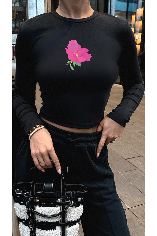 Women's Black Printed Limited Edition Series Organic Cotton Long Sleeve Crop Blouse
