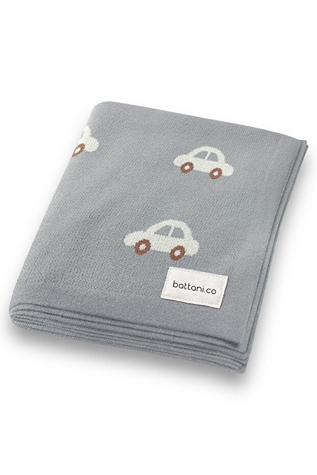 Patterned Knitted Baby Blanket for Girls and Boys 90cm X110Cm Car Dream Gray