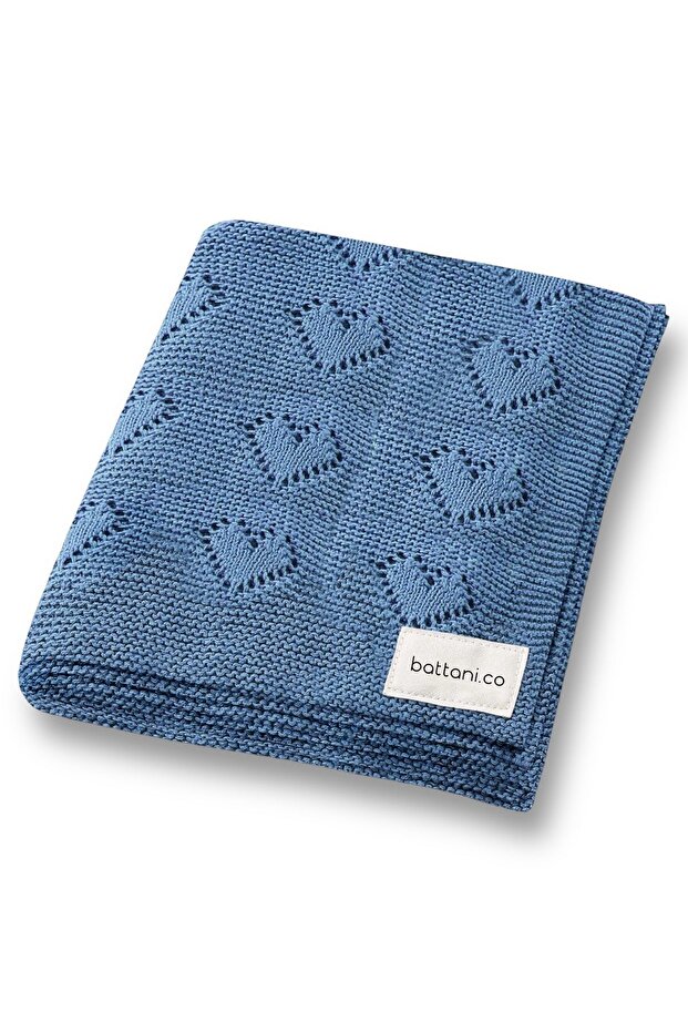 Knitted Baby Blanket for Baby Girl and Boy 90cm X110Cm Basic Hearts Blue