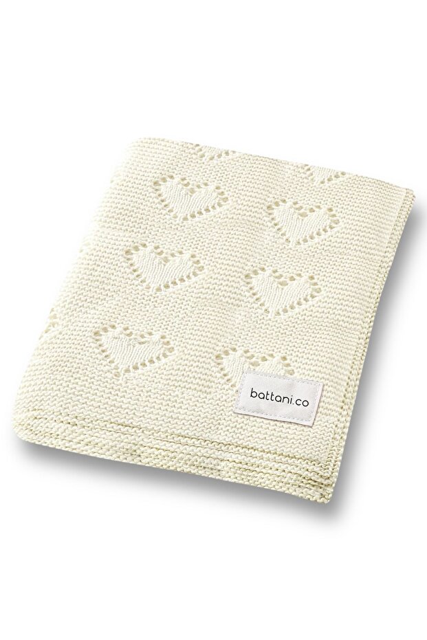 Knitted Baby Blanket for Baby Girl and Boy 85cm X85Cm Basic Hearts Ecru