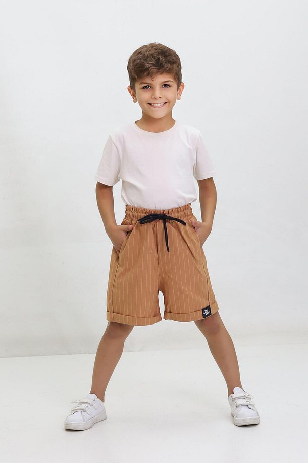 Çizgili Bağcıklı Duble Paça Unisex Çocuk Şort Kahverengi - 1