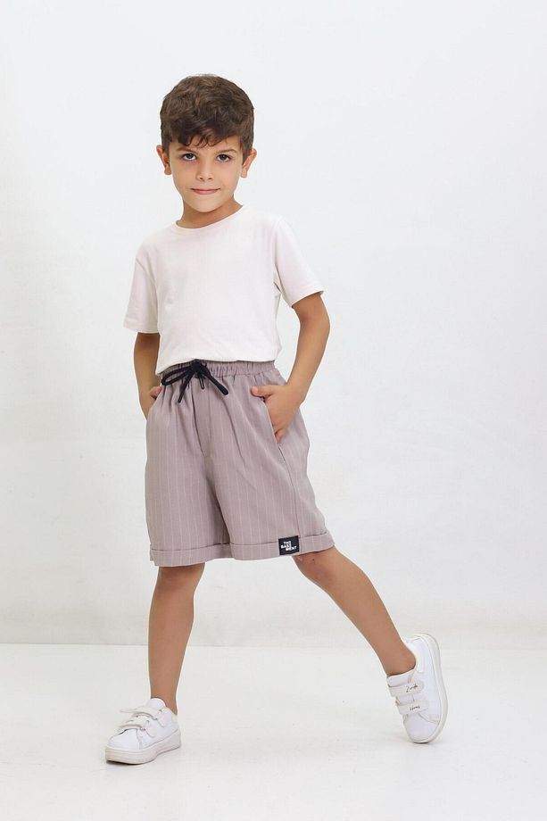 Çizgili Bağcıklı Duble Paça Unisex Çocuk Şort Gri - 4
