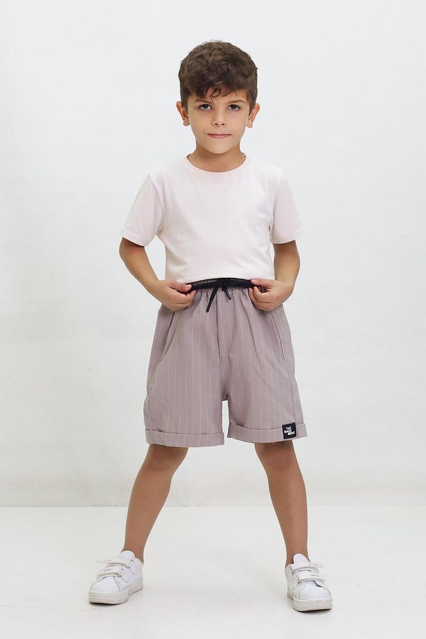 Çizgili Bağcıklı Duble Paça Unisex Çocuk Şort Gri - 1
