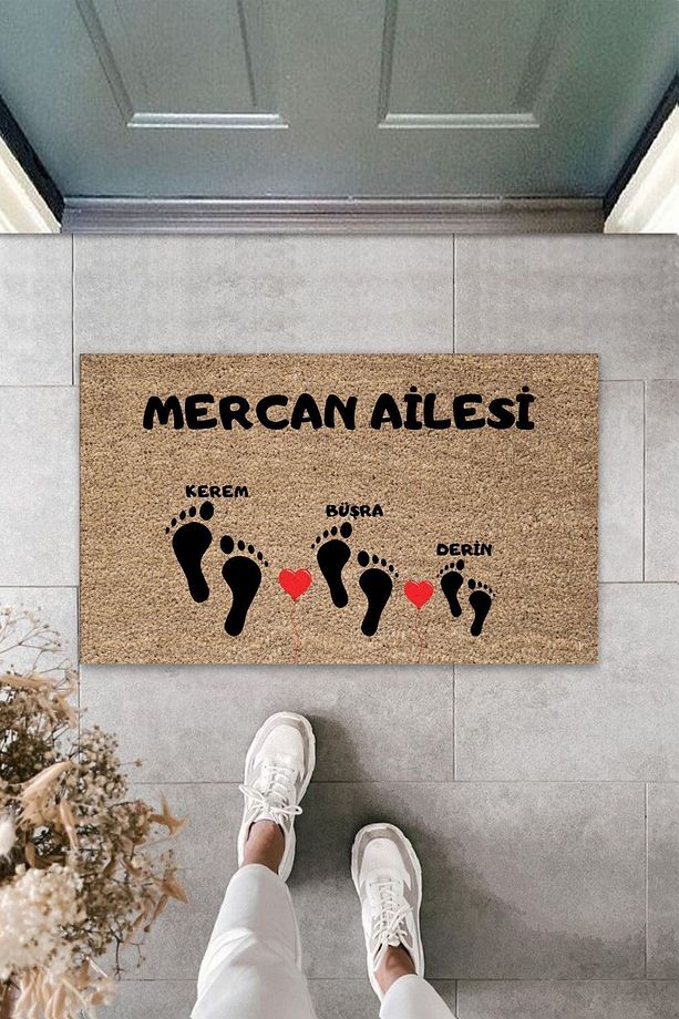 Modern Paspas - Aile Ayak Izli Özel Tasarım - Kişisel Tasarım Kapı Önü Paspas - 1