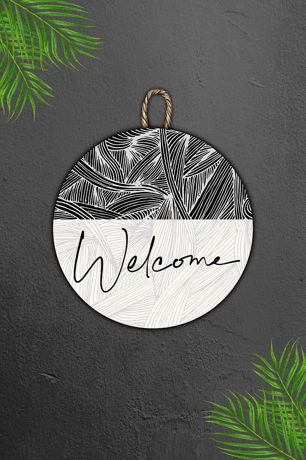 Modern Kapı Süsü - Beyaz ve Siyah, Dijital Ahşap Baskı - Welcome Dış Mekan Kapı Süsü, 30 cm - 6