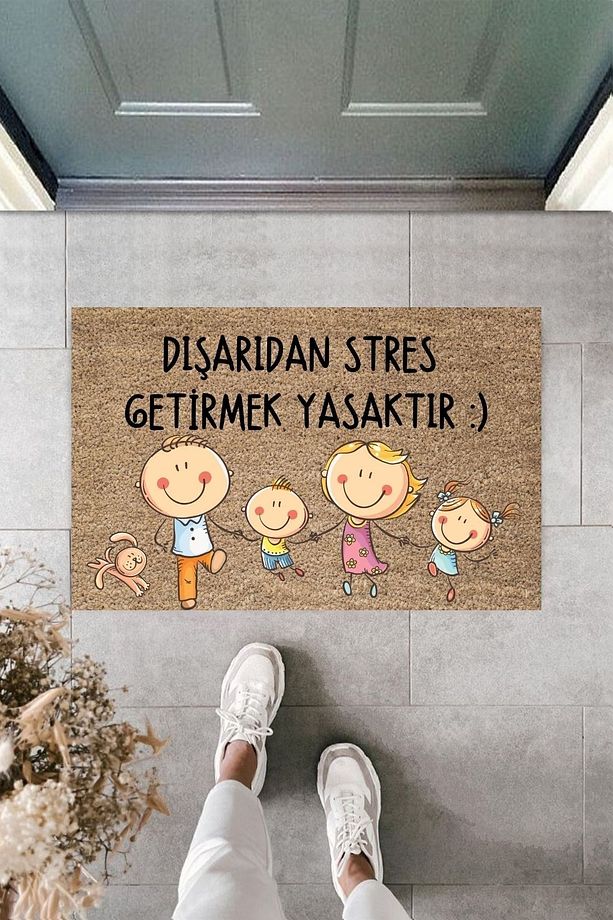 Modern Baskı, Aile Ve Çocuklu Stres Getirmek Yasak Kapı Önü Paspası 70x45cm - 1