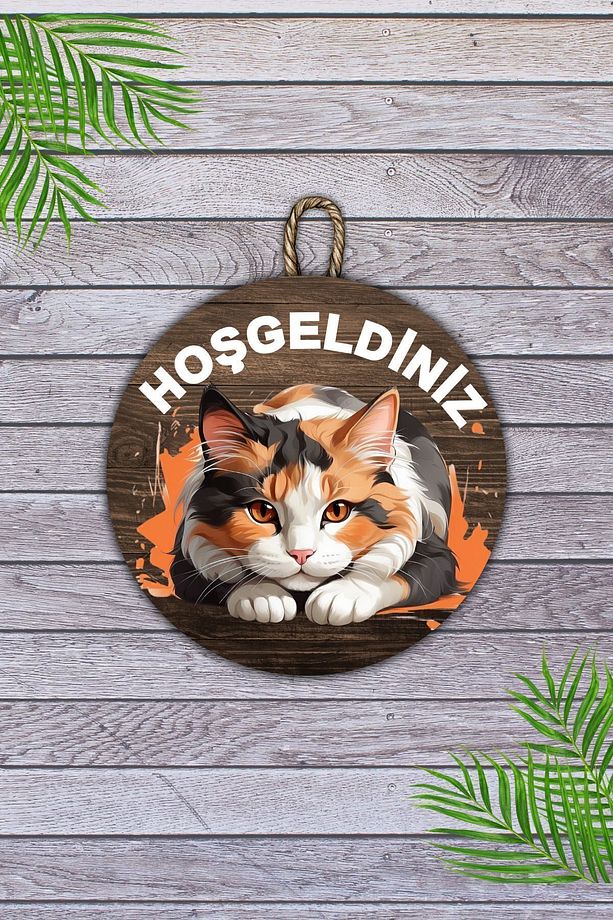 Modern Ahşap Kapı Süsü - Hoşgeldiniz Kedi Karşılamalı Duvar Süsü - Dış Mekan Kapi Susu - 5